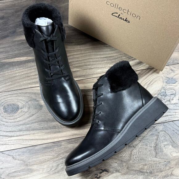 Clarks Leighly Lace 8.5M Black Leather Faux Fur Cuff Comfort Ankle Boots Booties - Picture 1 of 10